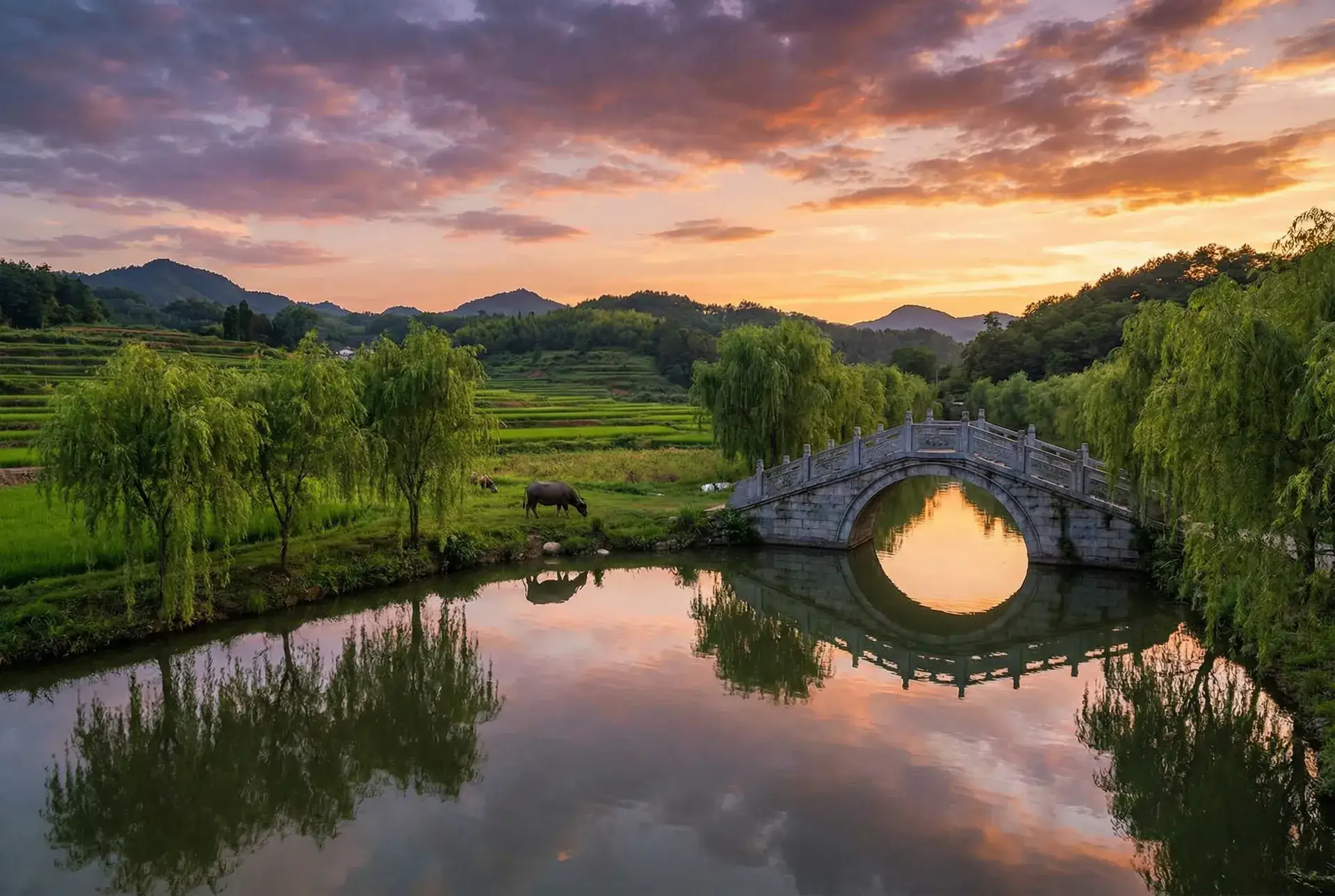 夕阳下的石拱桥与垂柳，水牛在河边吃草 - 父鬼2动漫全集在线看 中文版 乡村美景